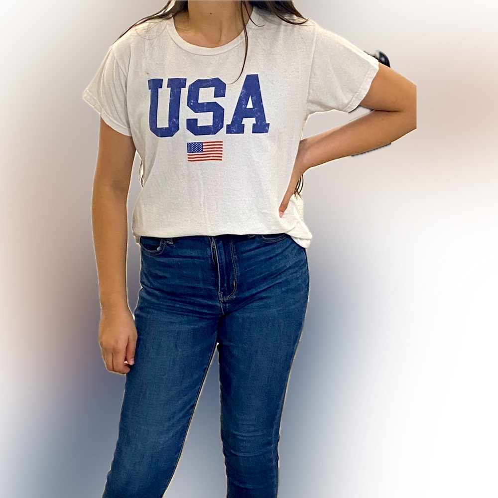 USA, red, white, and blue tee shirt.